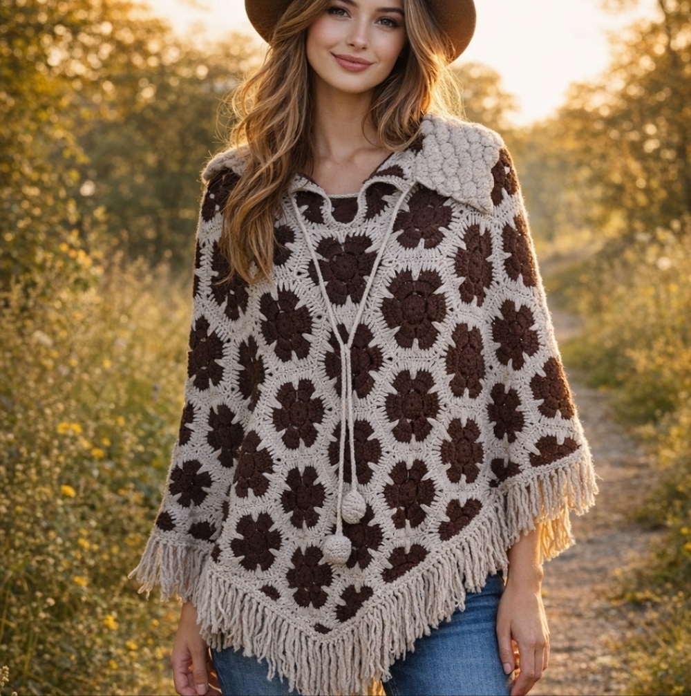 Vintage Crochet Poncho  Brown Hippie Boho One Size Cottagecore